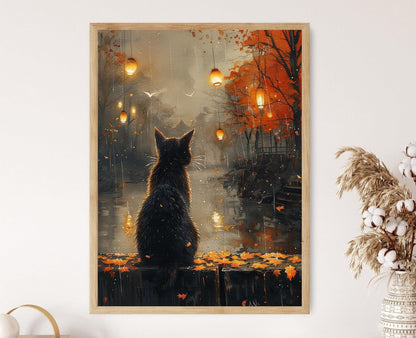 Affiche Chat Joueur et Lanternes – Peinture Aquarelle Japonaise