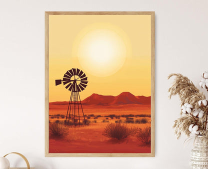 Affiche Paysage Australien – Imprimé Art de Moulin Abandonné dans le Désert Rouge