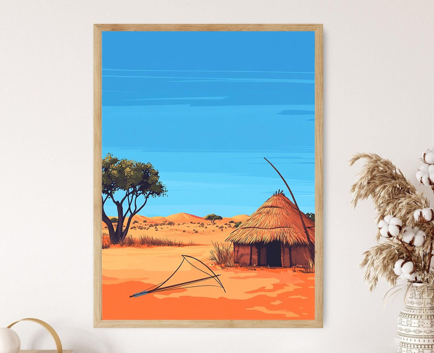 Affiche Désert Kalahari – Imprimé Art, Hut San Bushman, Sable Rouge
