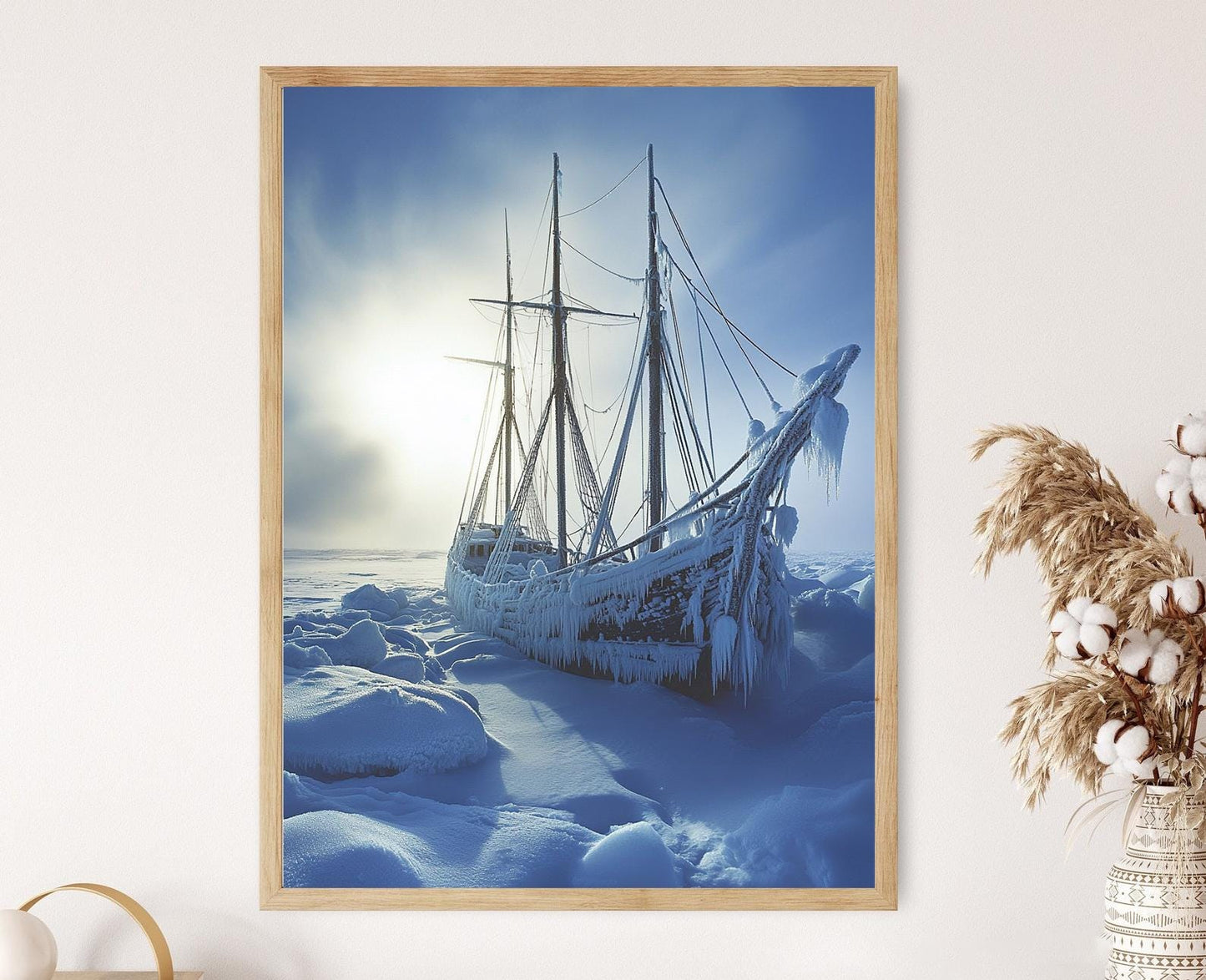 Affiche Pôle Nord – Impression d'art, épave gelée, soleil d'hiver