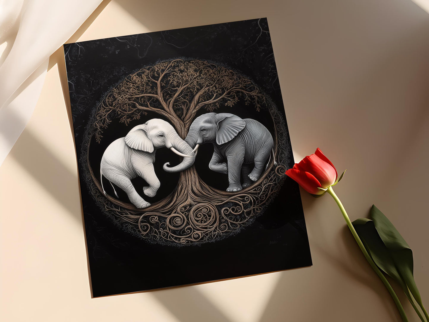 Affiche Équilibre Yin Yang – Poster Art Élégant d'Éléphant et Arbre