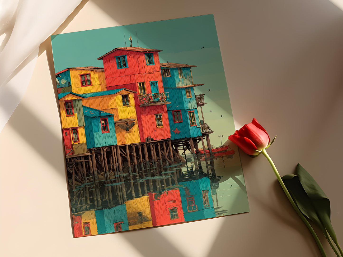 Affiche Chiloe Palafitos – Poster Art Abstrait Village Côtier du Chili