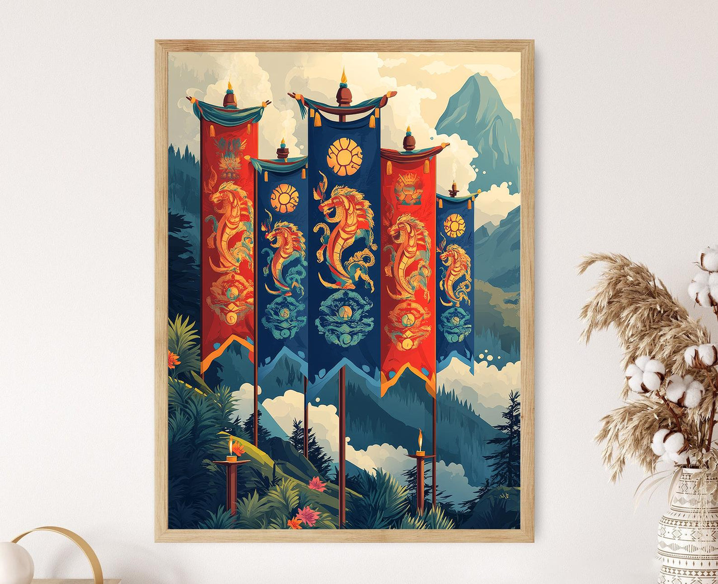 Affiche Cheval du Vent Tibétain – Illustration d'Ornement de Prière