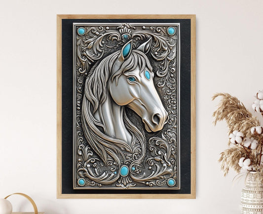 Affiche Cheval Argenté – Imprimé Artistique Équestre avec Accents Turquoise
