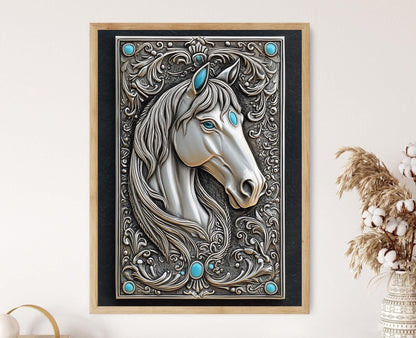 Affiche Cheval Argenté – Impression Art Détaillée avec Accents Turquoise