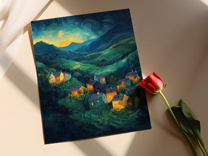 Affiche Village de Montagne à l'Aube – Poster Paysage Impressionniste inspiré par Van Gogh