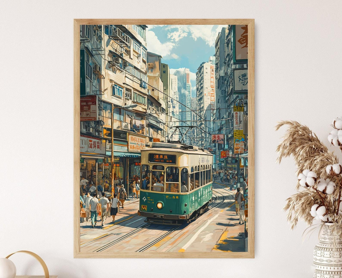 Affiche Tram de Hong Kong – Poster Scène Urbaine Iconique et Animée
