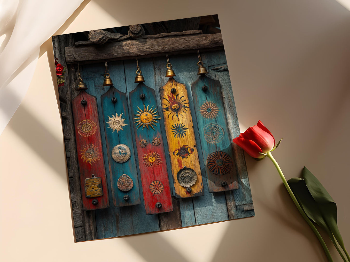 Affiche Soleil et Lune Népalais – Illustration en Bois Folklore