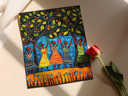 Affiche Tingatinga Tanzanienne – Art Coloré de Femmes Africaines sous un Arbre