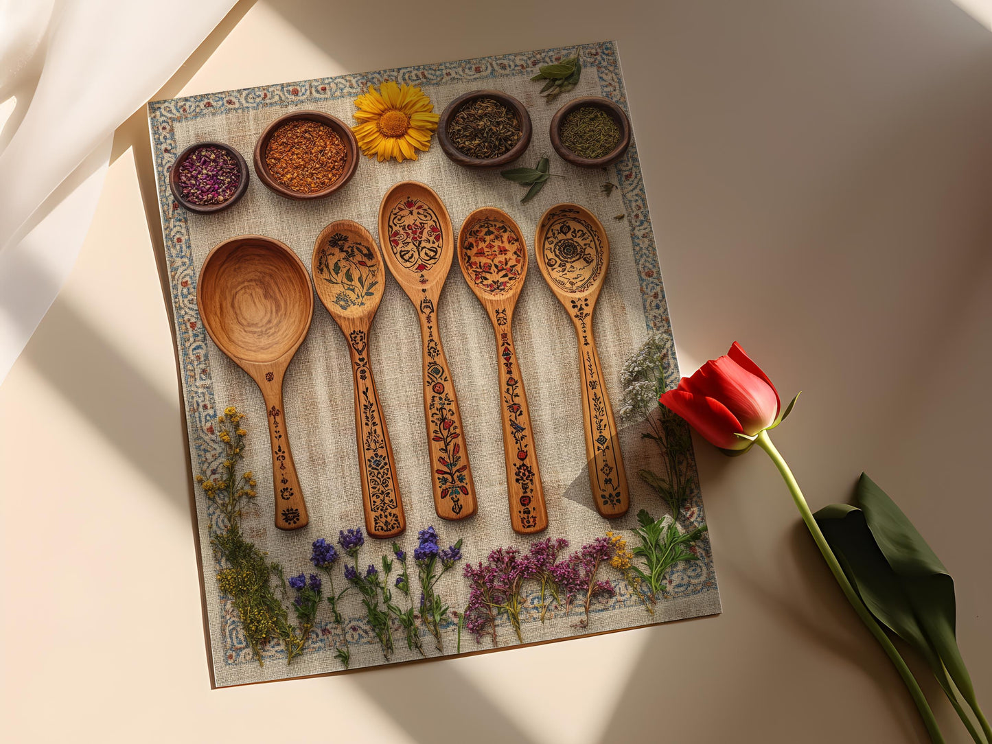 Affiche Cuisine Héritage – Poster Set de Cuillères en Bois Iraniens