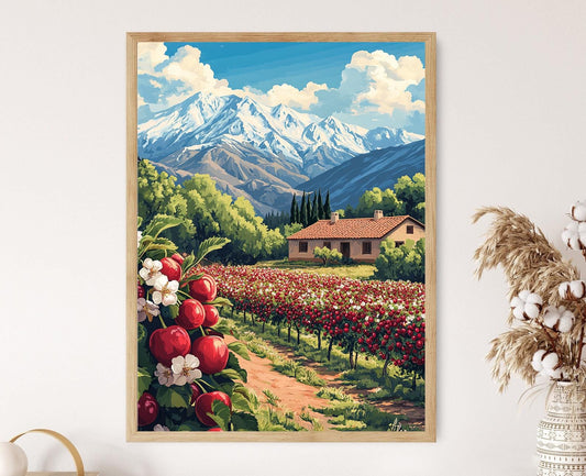 Affiche Verger de Cerisiers – Illustration d'une Ferme Montagnarde Iranienne
