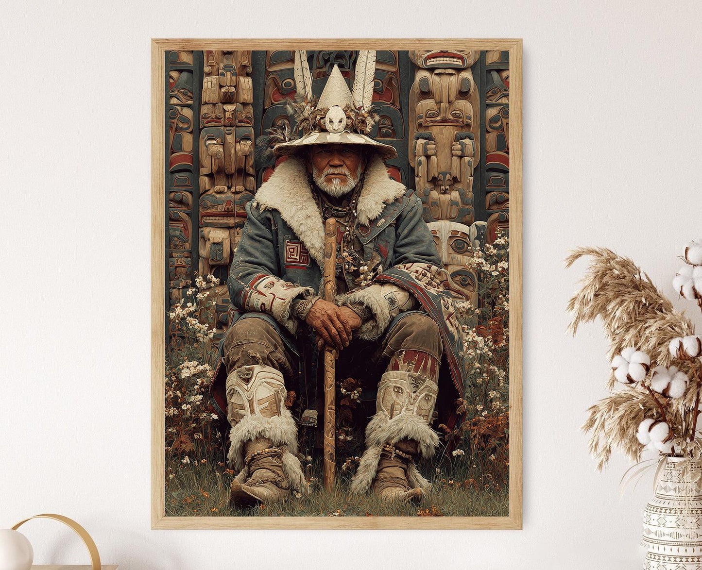 Affiche Chef Haida – Poster Art des Leaders Autochtones avec Tapis Chilkat et Totem