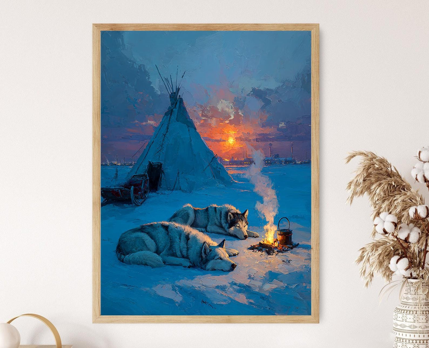 Affiche Chien de Traîneau Inuit – Art de Feu de Camp au Crépuscule Arctique