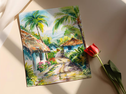 Affiche Campagne Dominicaine – Poster Maisons Traditionnelles en Aquarelle