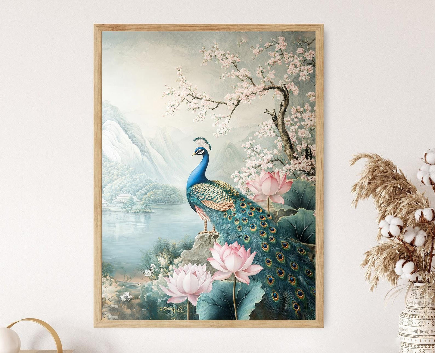 Affiche Paon et Lotus – Poster Fresco Florale Indienne Élégante