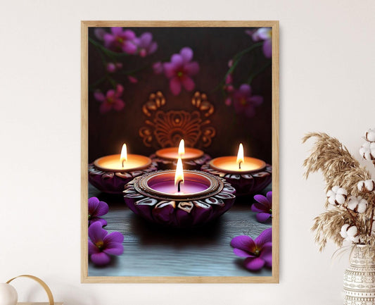 Affiche Diwali – Illustration de bougie festive en violet pour déco indienne