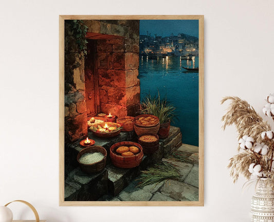 Affiche Chhath Puja – Poster Offrande de Bihar, Art Rituel Indien