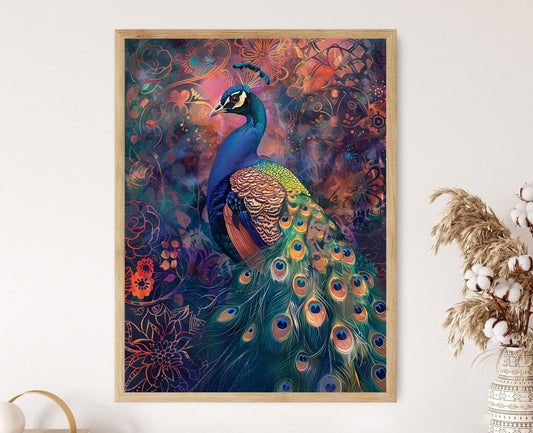 Affiche Paon – Poster Art Indienne Élégante, Fait Main pour Décor