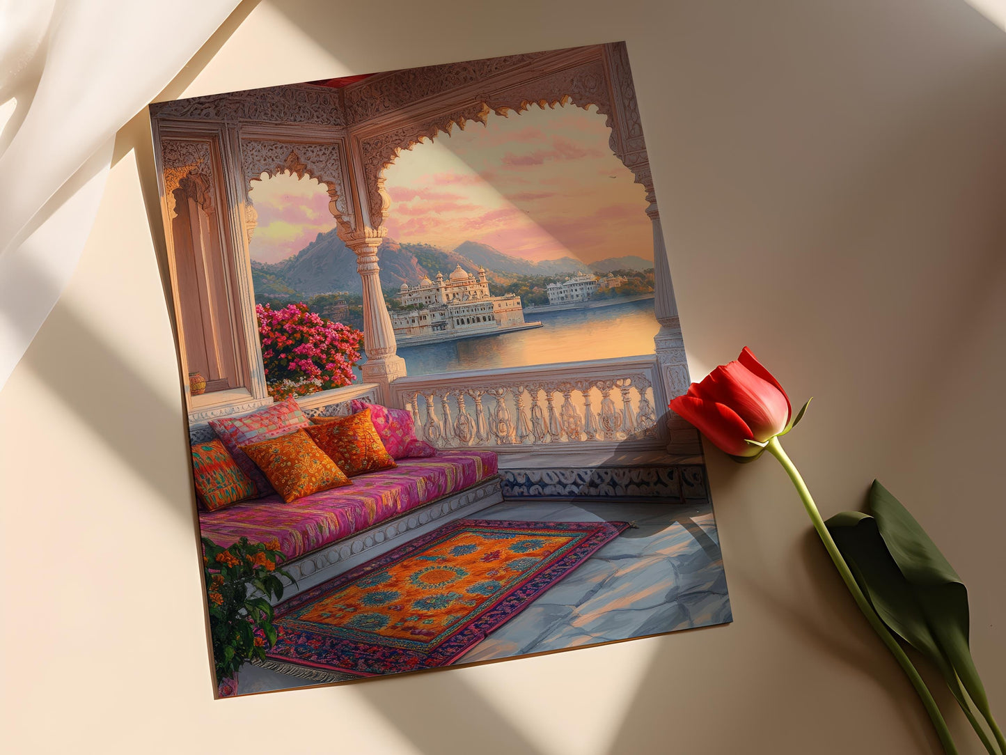 Affiche Udaipur Terrasse – Poster Art Héritage Indien avec Vue Lac