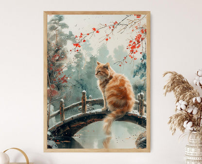 Affiche Chat Élégant sur un Pont Japonais – Art Traditionnel Apaisant
