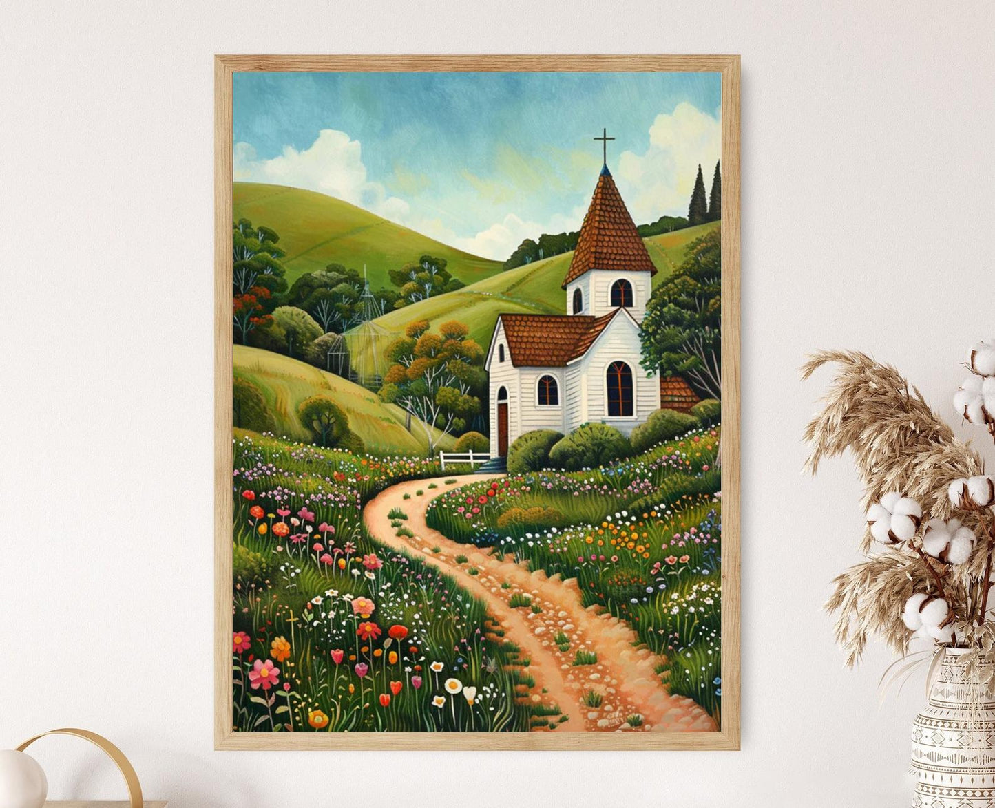 Affiche Église Paisible – Poster Peinture de Style Grant Wood