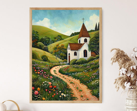 Affiche Église Paisible – Poster Peinture de Style Grant Wood
