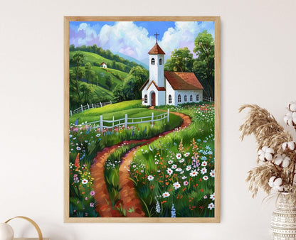 Affiche Église Inspirée par Grant Wood – Paysage d'Art Populaire Américain