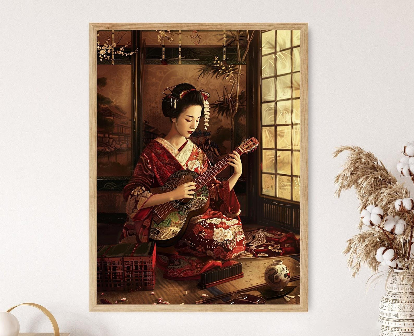 Affiche Geisha Shamisen – Tableau aquarelle japonaise pour déco intérieure