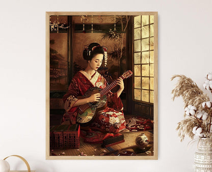 Affiche Geisha Shamisen – Tableau aquarelle japonaise pour déco intérieure