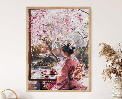 Affiche Geisha en Kimono – Art de la cérémonie du thé dans un jardin japonais