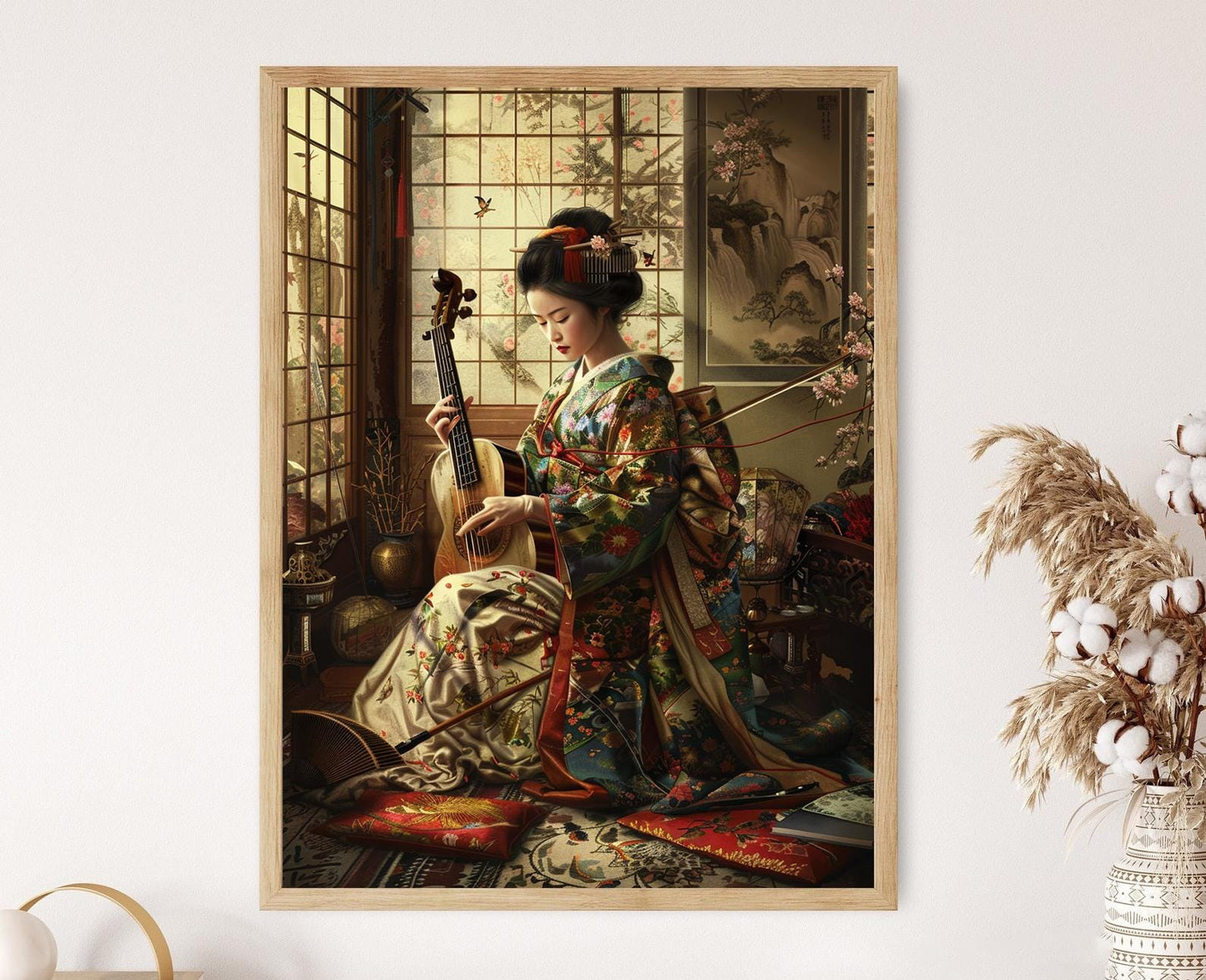 Affiche Geisha et Shamisen – Imprimé d'art japonais élégant pour déco murale