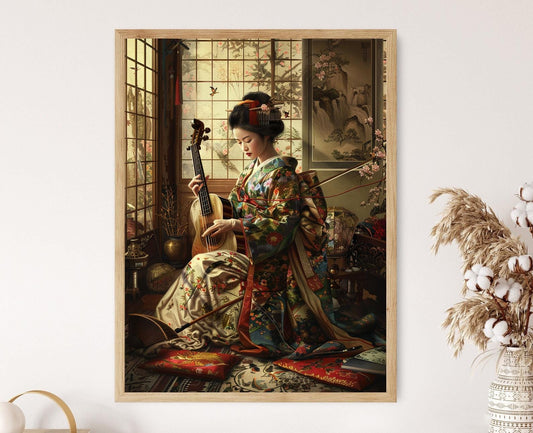 Affiche Geisha et Shamisen – Imprimé d'art japonais élégant pour déco murale