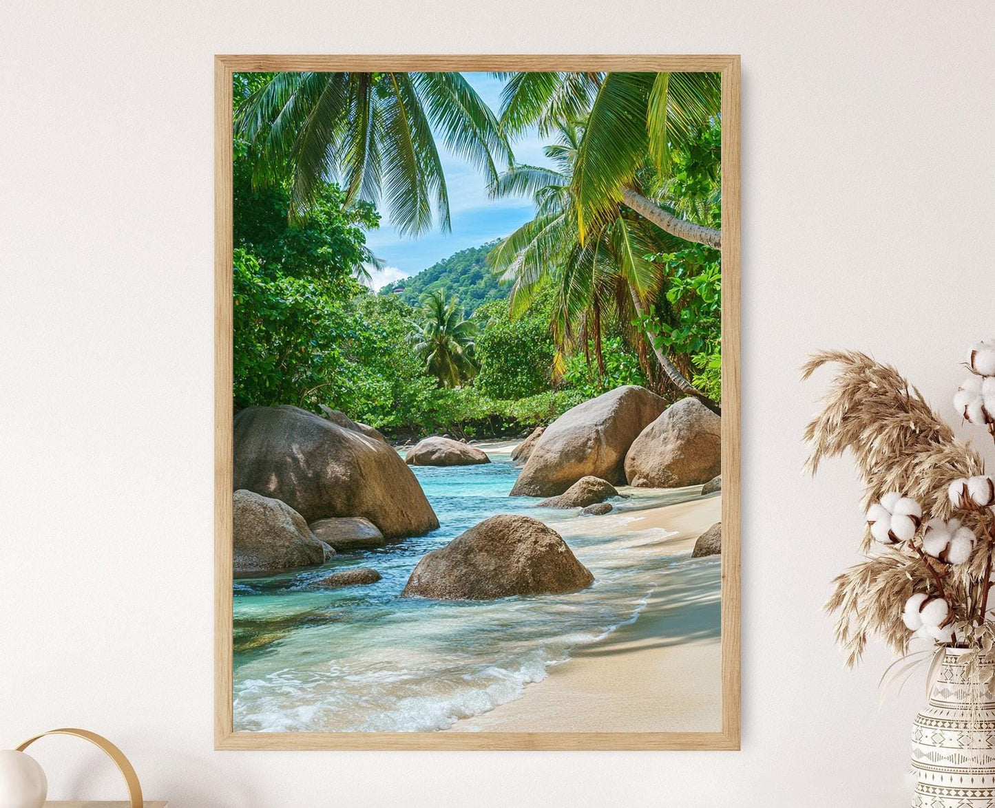 Affiche Mahé – Poster Art Seychelles, Rochers de Granit & Plage de Sable Blanc
