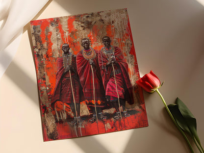 Affiche Guerriers Maasai – Poster Peinture Shukas Rouges & Perles