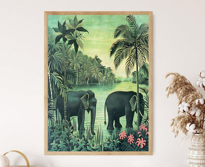 Affiche Jungle Inspirée de Henri Rousseau – Éléphants au Bord de l'Eau