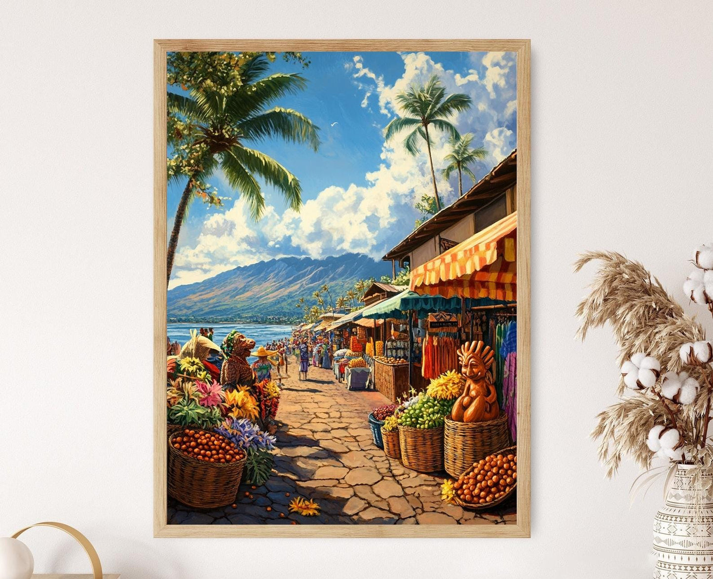 Affiche Hawaïenne – Poster Noix de Macadamia et Statues Tiki