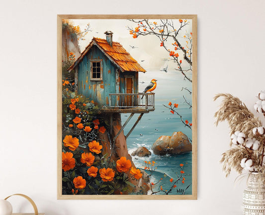 Affiche Maison de Plage – Peinture d'Oiseaux Côtière pour Décor