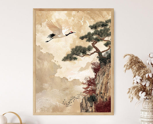 Affiche Grue Japonaise – Poster Artisanal pour Décor de Salon