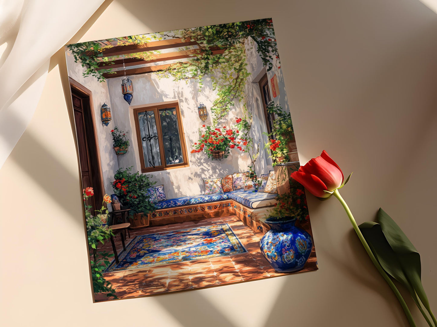 Affiche Multan – Poster Décor en Poterie Bleue et Coussin Brodé