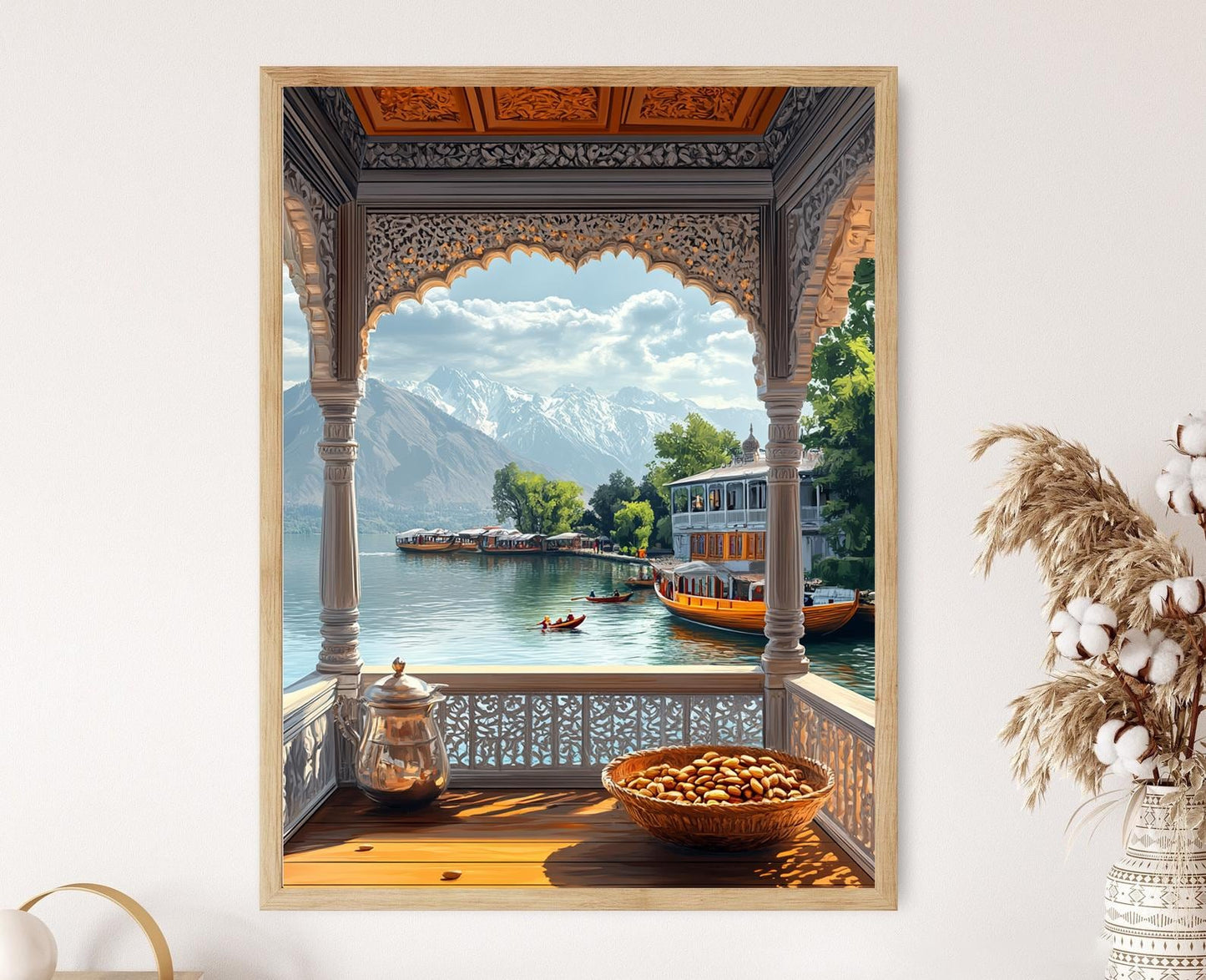 Affiche Marché de Srinagar – Poster Peinture Panier Safran et Amande