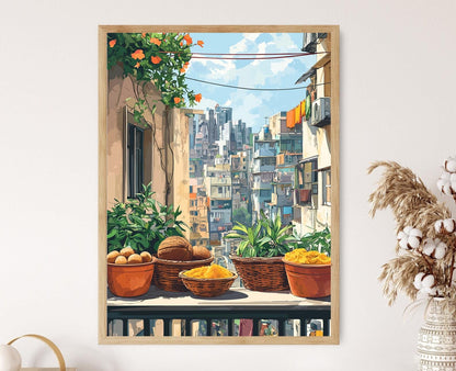 Affiche Marché de Mumbai – Poster Panier de Balcon et Curry de Coco