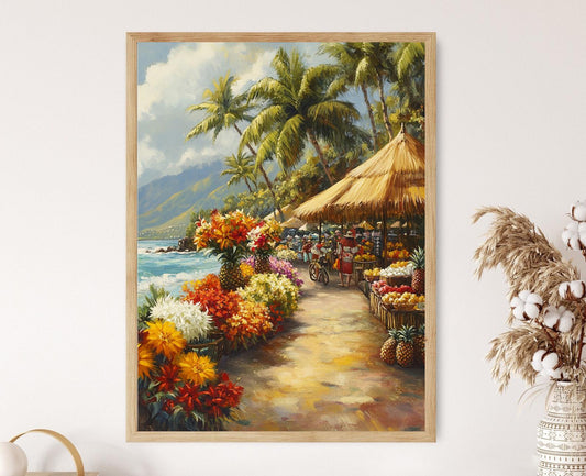 Affiche Honolulu – Poster Fleurs Tropicales et Leis Artisanaux de Hawaï