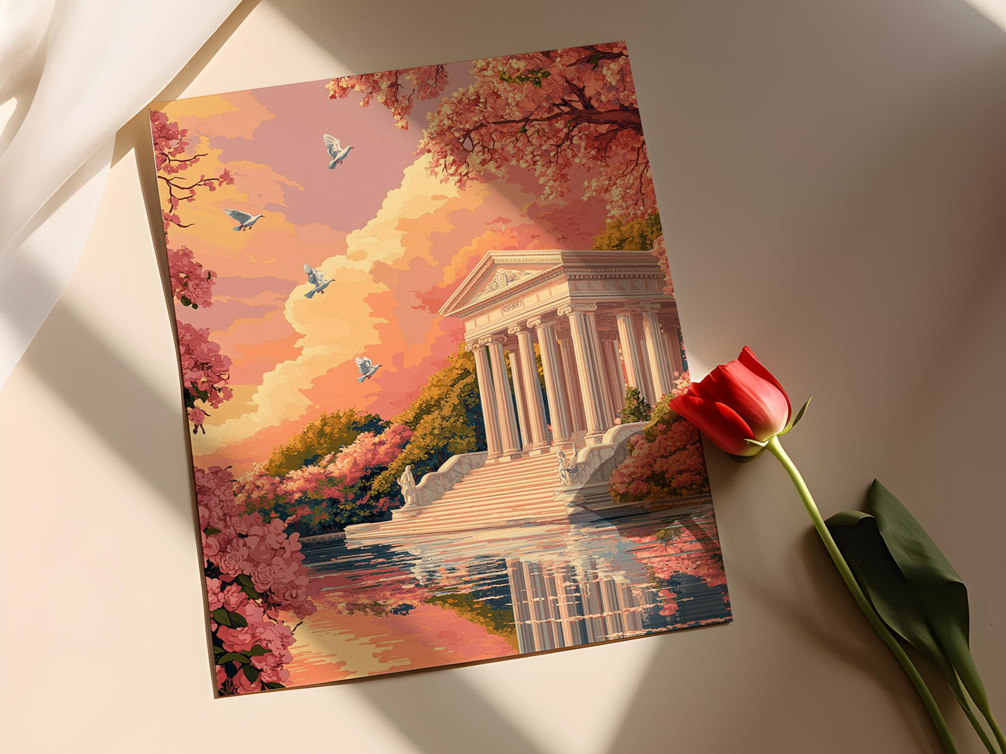 Affiche Jardin d'Aphrodite – Poster Pavillon avec roses et colombes