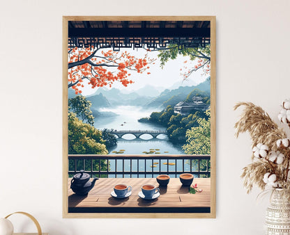 Affiche Panier de Balcon à Hangzhou – Poster Art de Marché de Thé Lotus