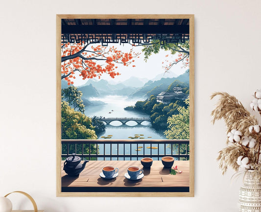 Affiche Panier de Balcon à Hangzhou – Poster Art de Marché de Thé Lotus
