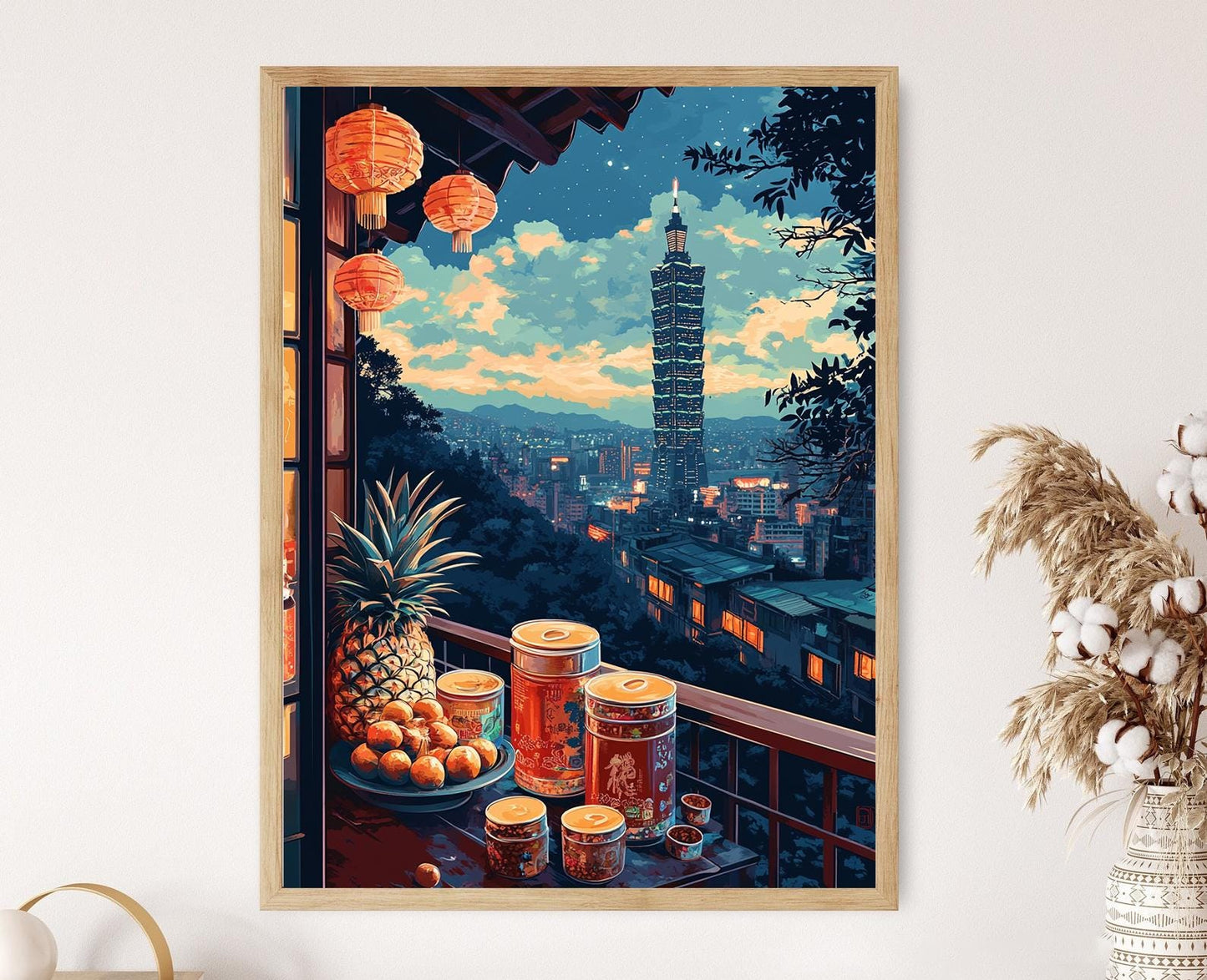Affiche Marché de Taïwan – Poster Peinture Panier de Balcon à l'Ananas