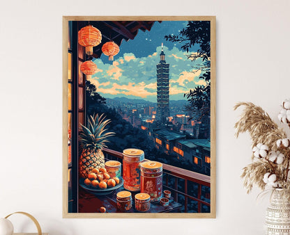 Affiche Marché de Taïwan – Poster Peinture Panier de Balcon à l'Ananas