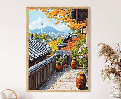 Affiche Cuisine Folk Coréenne – Peinture Panier Balcon Séoul