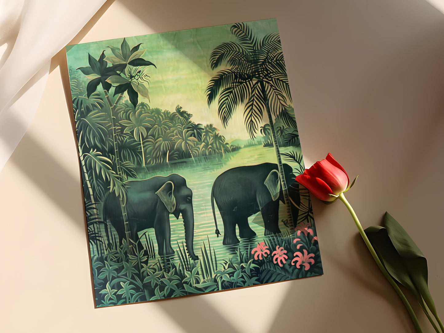 Affiche Jungle Inspirée de Henri Rousseau – Éléphants au Bord de l'Eau