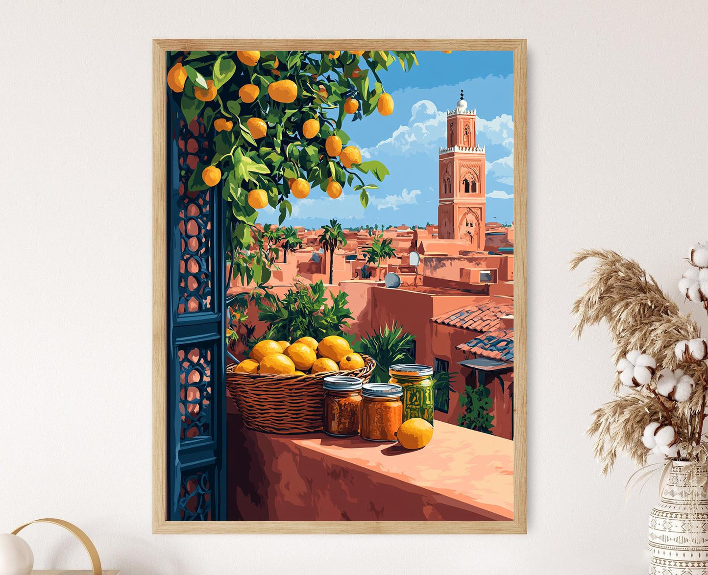 Affiche Marché de Marrakech – Poster Peinture Panier et Dattes Harissa